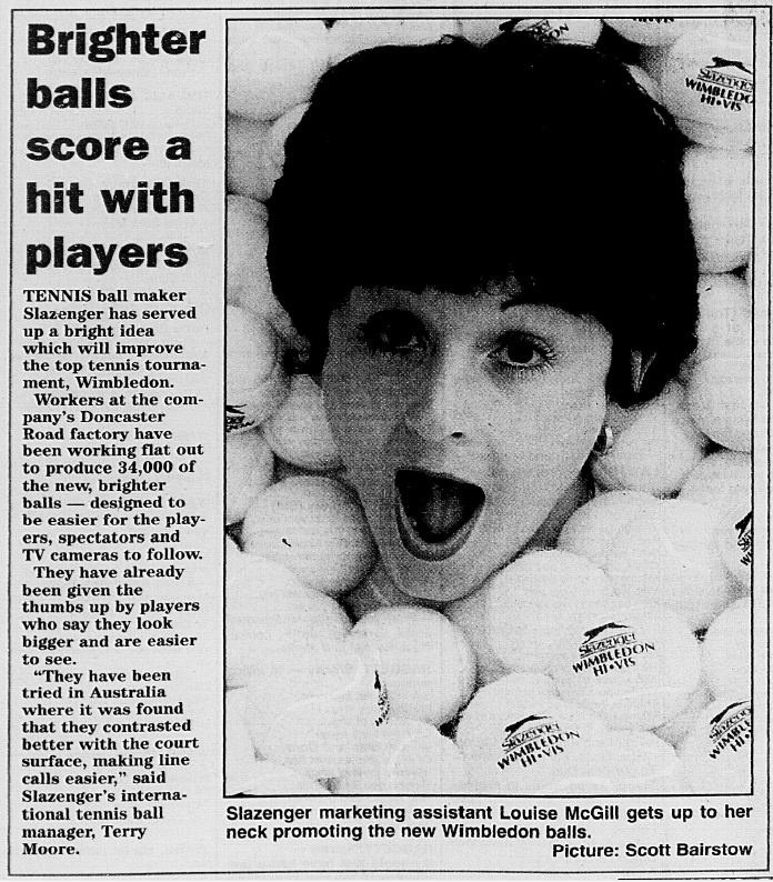 Slazenger marketing assistant Louise McGill gets up to her neck promoting the new Wimbledon balls. 